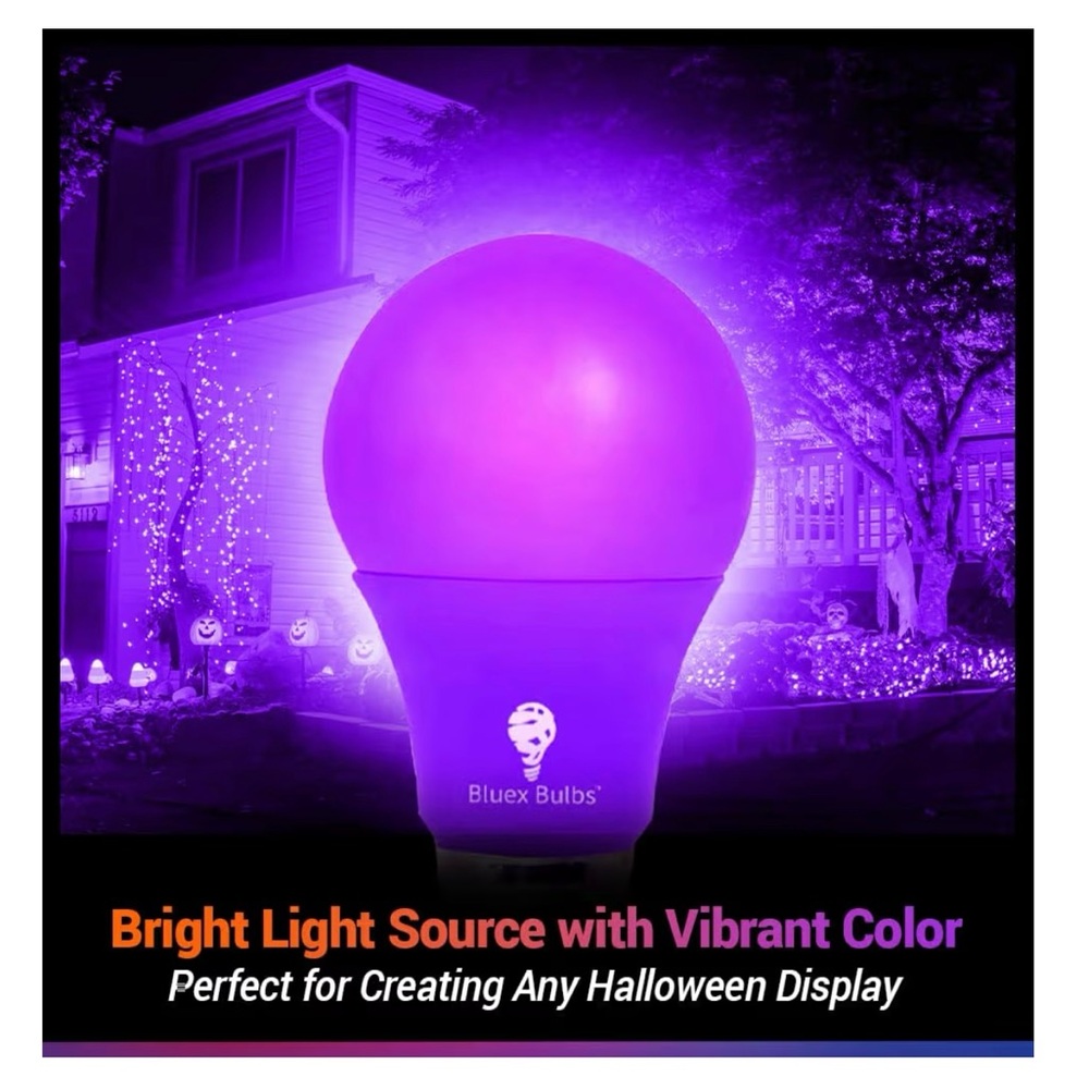 2 Pack of Purple LED Bulex Light Bulbs Perfect for Halloween or Party Lighting.